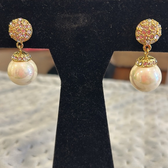 Pave Crystal Top and Iridescent Round Pearl Drop Earrings-boutique - Picture 5 of 11
